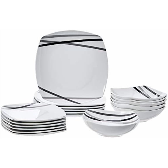 Basics Square Dinnerware Set for 6, Plates and Bowls for Kitchen, 18-Piece, Dishwasher and Microwave Safe, Modern Beams