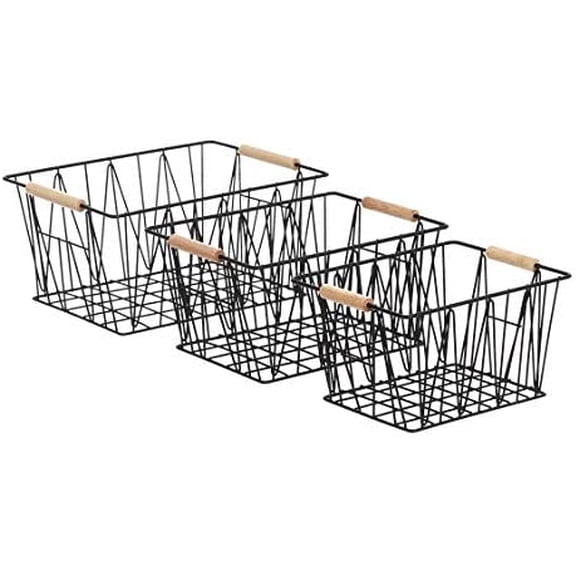 Basics Stackable Rectangular Wire Storage Baskets for Closet Organization, Set of 3, Multipurpose Home Organizer, Black