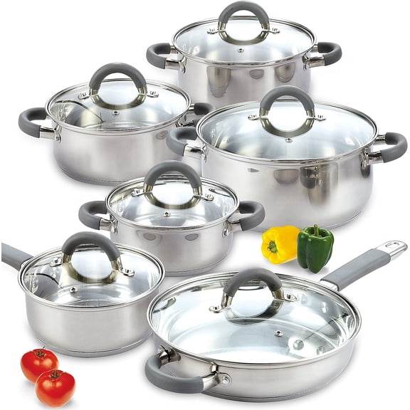 Basics Stainless Steel Cookware Sets, 12-Piece Pots and Pans | Stay-Cool Handle, Induction Compatible, Dishwasher and Oven Safe