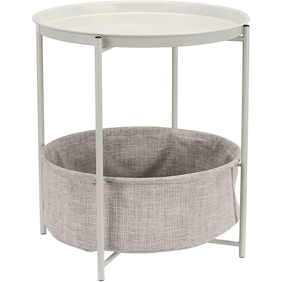 Basics Storage and Cloth Basket Metal and Cloth Round End Table, White/Heather Gray