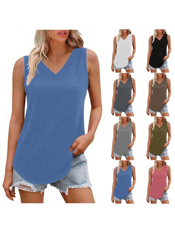 Basics Tank Tops for Women, Cotton Flex Tank Tops Women's Solid Color V Neck Cover Strip Casual Blouse Black XXL