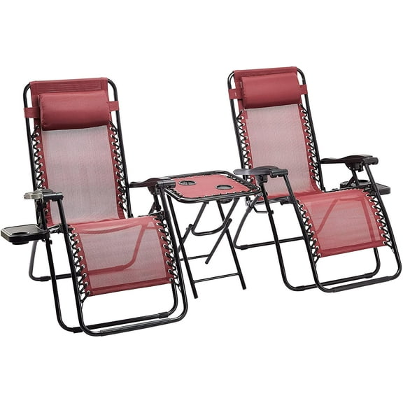 Basics Textilene Outdoor Adjustable Zero Gravity Folding Reclining Lounge Chair with Side table and Pillow - Pack of 2, Red