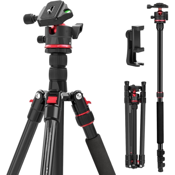 Basics Travel Tripod Monopod for Camera, Compact Lightweight Portable Video Recording Stand, Arca Type Ball Head, Cell Phone Holder Compatible with iPhone