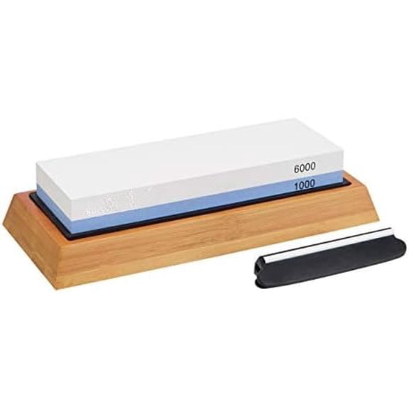 Basics Whetstone Knife Sharpening Stone, Double-Sided 1000/6000 Grit with Angle Guide, Non-Slip Bamboo Base, Black & Grey