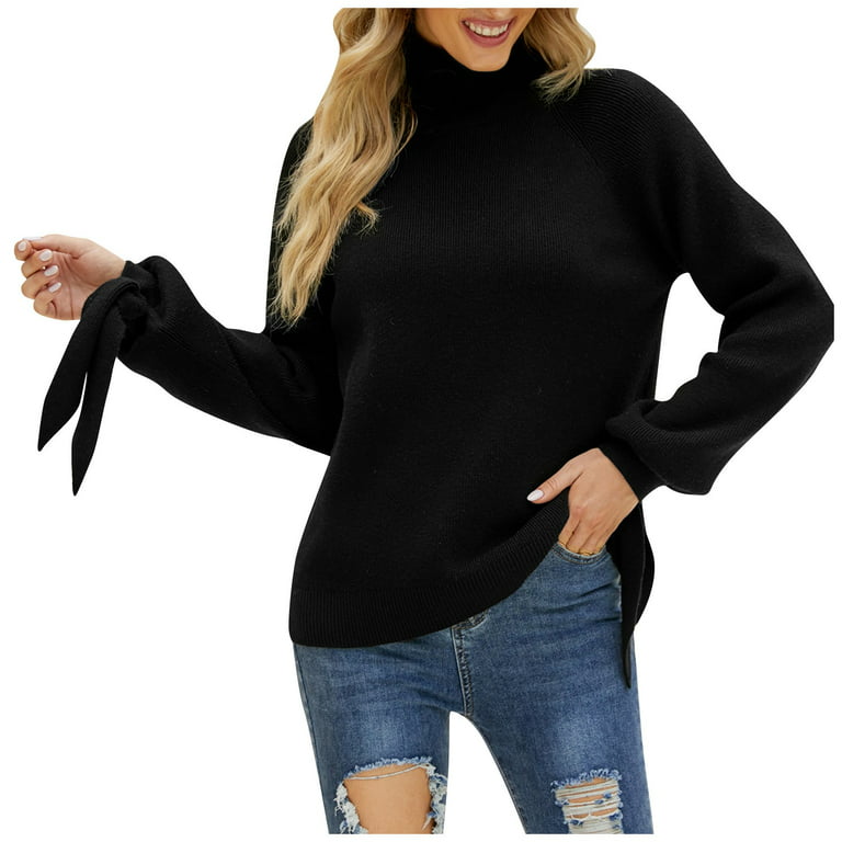 Basics Women's Clothing, Sweaters Tunic Sweatshirts For Women Black Sweater  Fashion Women's Solid Color High Neck Long Sleeve Knit Sweater Pullover