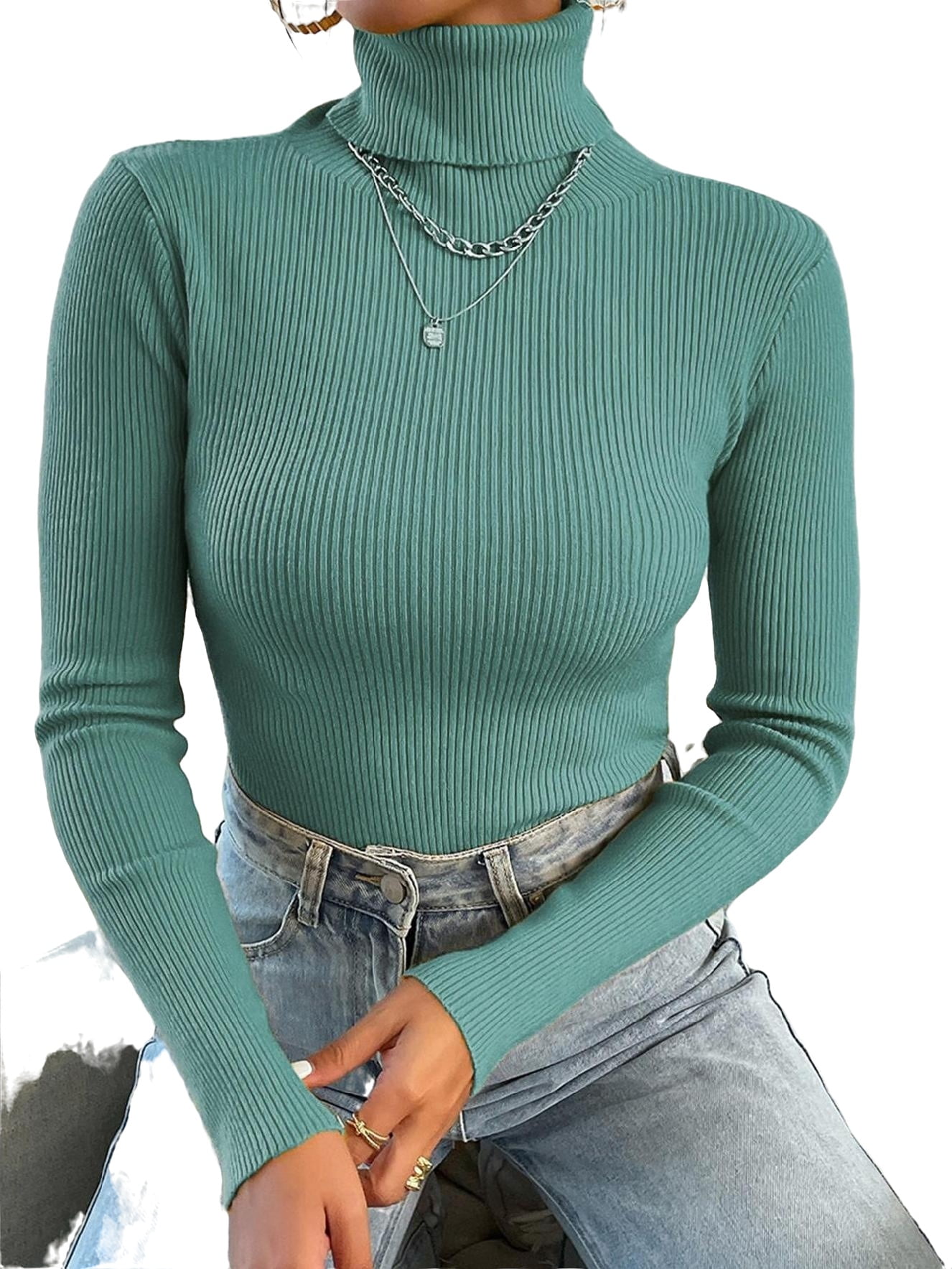 Basics Women's Turtleneck Long Sleeve Sweater Cadet Blue L(8/10 ...