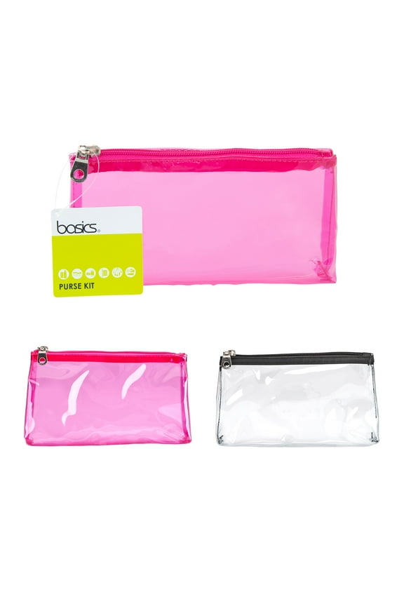 Basics Zippered Travel Makeup & Accessory Rectangle Carrying Clutch in Transparent Pink or Black PVC (Colors Vary), 1ct