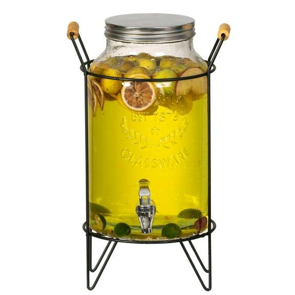 Basicwise 1.6-Gallon Glass Drink Dispenser with Stainless Steel Spigot Water and Juice Container, Lemonade Stand, Beverage Dispenser for Parties, Weddings, Birthdays, and Family Business Meetings