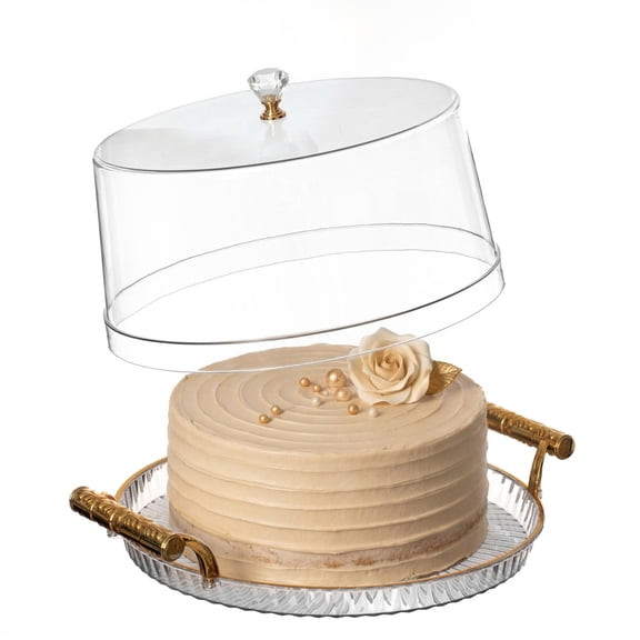 Basicwise 12-Inch Round Plastic Cake Stand with Clear Flat-Top Cover and Gold Handles Ribbed Serving Tray for Cupcakes Fruits Salads and Desserts Transparent Table Display for Parties and Events