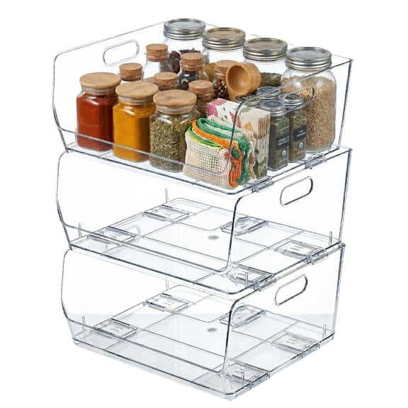 Basicwise 16" Open-Front Clear Storage Bin with Easy-Grip Handle Stackable Transparent Plastic Organizer Container for Pantry Cabinet Refrigerator Drawers Closets and Shelf Organization, Extra Large