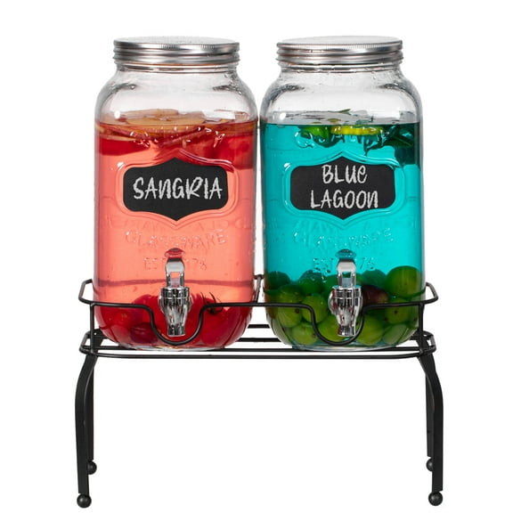 Basicwise 2-Pcs Glass Drink Dispenser Set with Metal Stand, Stainless Steel Spigots and Chalkboard Signs - Ideal for Serving Beverages, Water, Lemonade and Juice at Picnics, Camping Trips and Parties