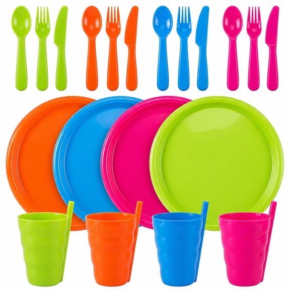 Basicwise 20-pc Reusable Plastic Dinnerware Set for 4  Microwavable & Dishwasher Safe Assorted Color Plates, Cups, and Cutlery for Party, Picnic, Camping, Outdoor Gathering & Everyday Dining