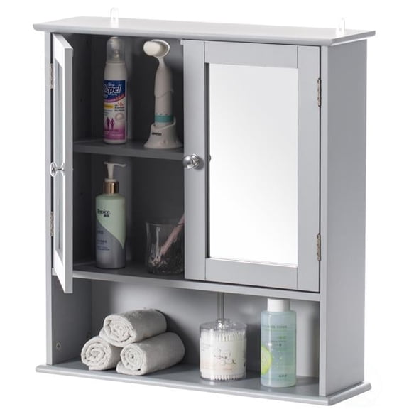 Basicwise  23 x 22 x 6 in. Mirror Wall Mounted Cabinet for the Bathroom & Vanity with Adjustable Shelves, Gray