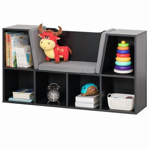 Basicwise  24 x 44 x 11 in. Modern Multi-Purpose Bookshelf with Storage Space & Cushioned Reading Nook, Black & Gray