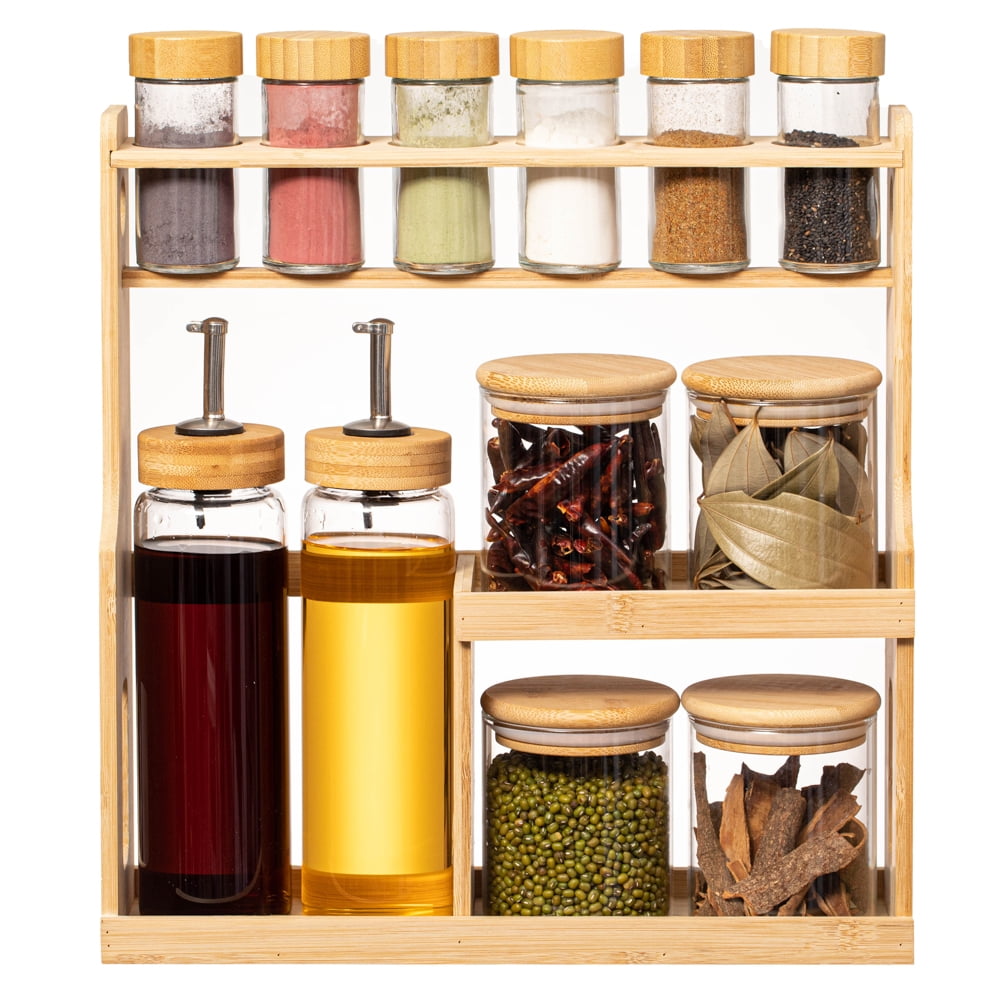 3-Tier Bamboo Spice Rack with Airtight Jars and Dispensers
