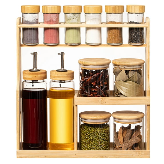 Basicwise 3-Tier Bamboo Spice Rack with 6 Spice Shaker Bottles, 4 Airtight Jars and 2 Soy Sauce or Olive Oil Dispenser Bottle Perfect for Kitchen Organization, Dining Room Display, and Pantry Storage