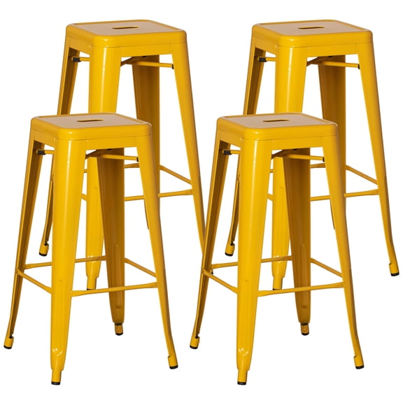 Basicwise 4-pcs 30-inch Backless Metal Bar Stool Stackable Heavy-Duty Counter-Height Chair for Home Bars Patios Kitchen Islands Cafes Restaurants Bistros and Dining Areas for Indoor & Outdoor, Yellow