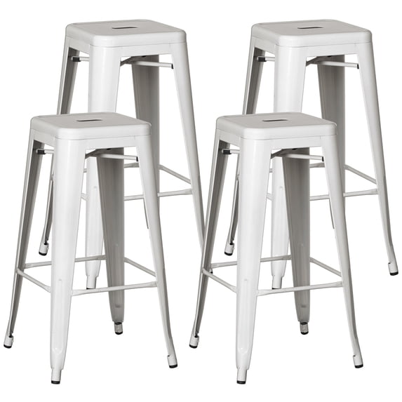 Basicwise 4-pcs 30-inch Backless Metal Bar Stool Stackable Heavy-Duty Counter-Height Chair for Home Bars Patios Kitchen Islands Cafes Restaurants Bistros and Dining Areas for Indoor & Outdoor, White