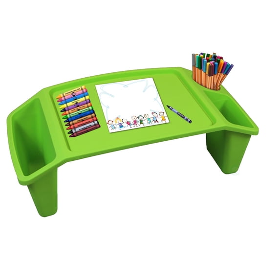 Basicwise Set of 12 Green Activity Tables with Built-In Cup Holder, Storage Compartments, Multipurpose Lap Trays for Home Learning, Art Use, Snack Time, Reading, Floor-Based Tasks, Raised-Leg Design