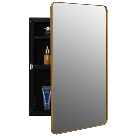 Basicwise Plastic Medicine Cabinet with Beveled Edge Mirror Door and Round Corner Metal Frame, Surface and Recessed Mount Options, Bathroom Wall Mounted Vanity Cabinet with 2 Adjustable Shelves, Gold