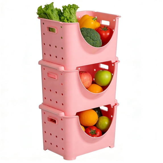 Stackable Plastic Storage Container, Set of 3 Pink