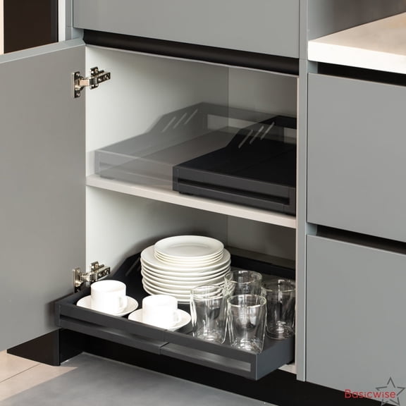 Basicwise Expandable Deep Drawer Organizer Adjustable Pull-Out Cabinet Storage Tray for Kitchen Organization Ideal for Cookware Dinnerware Food Containers Utensils Bakeware & Pantry Essentials