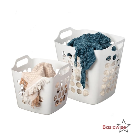 Basicwise Set of 2 Plastic Laundry Baskets with Handles Large & Small Ventilated Hampers for Clothes Storage & Organization Lightweight Stackable Bins for Bedroom Bathroom Dorm and Washing Area