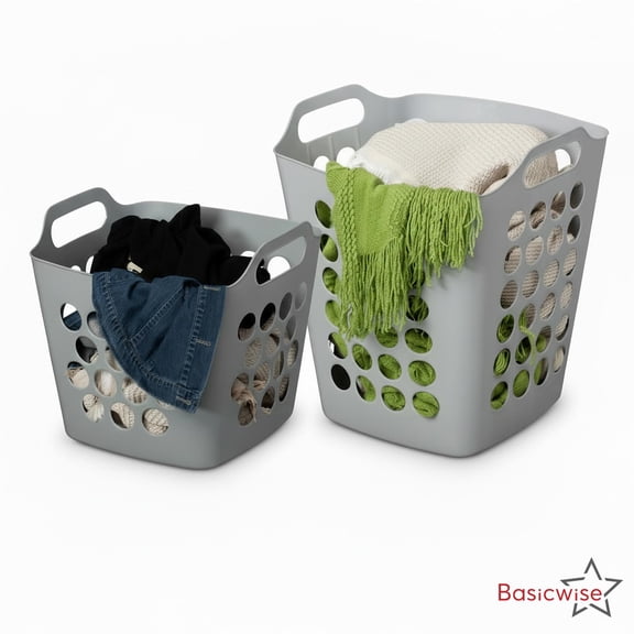 Basicwise Set of 2 Plastic Laundry Baskets with Handles Large & Small Ventilated Hampers for Clothes Storage & Organization Lightweight Stackable Bins for Bedroom Bathroom Dorm and Washing Area