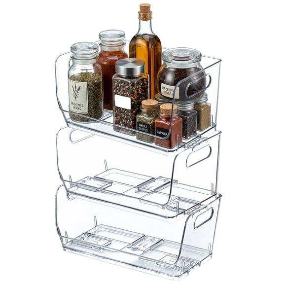 Basicwise Set of 3 Open-Front 12-Inch Clear Storage Bins with Easy-Grip Handles Stackable Transparent Plastic Organizer Container for Pantry Cabinet Refrigerator Drawers Closets and Shelves, Large