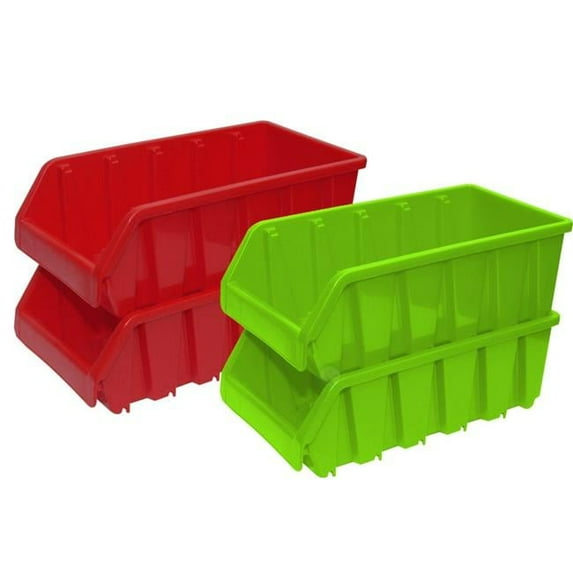 Set of 4 Plastic Storage Stacking Bins, Red and Green