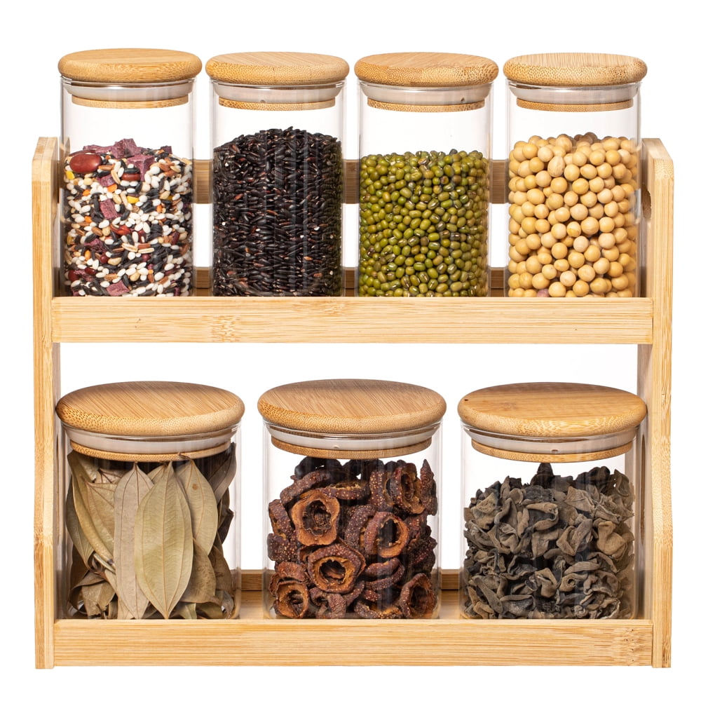 Natural Bamboo 2-Tier Spice Rack with Glass Jars