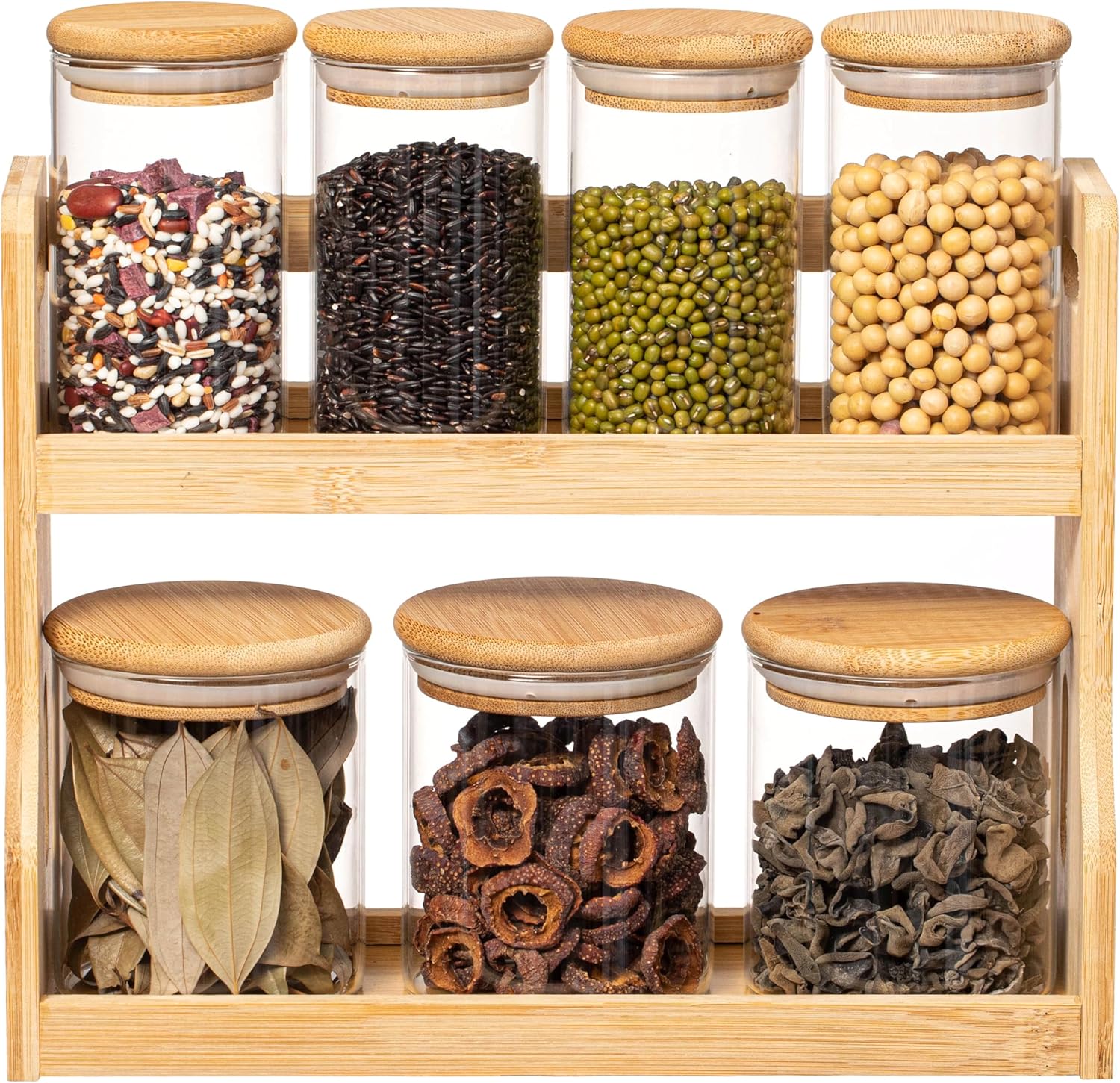 Basicwise Versatile 2-Tier Bamboo Spice Rack and Pantry Organizer with ...