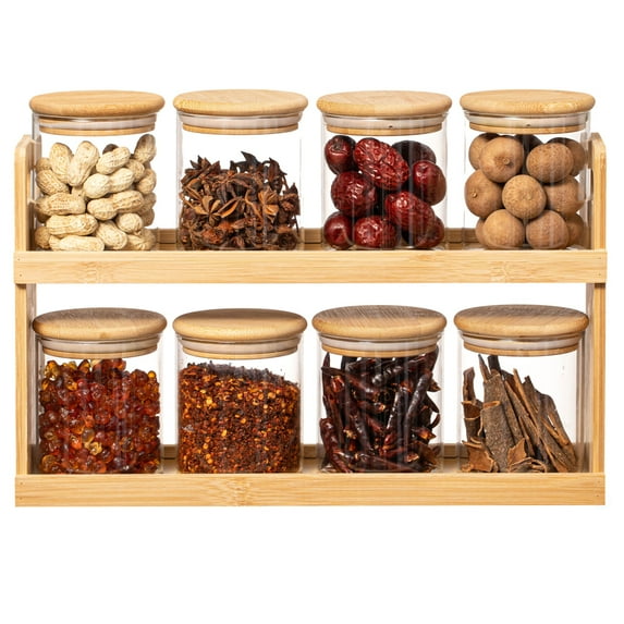 Basicwise Versatile 2-Tier Bamboo Spice Rack and Pantry Organizer with 8 Glass Jars – Perfect for Countertop Storage in Kitchens to Keep Seasoning Containers Neatly Displayed and Easily Accessible