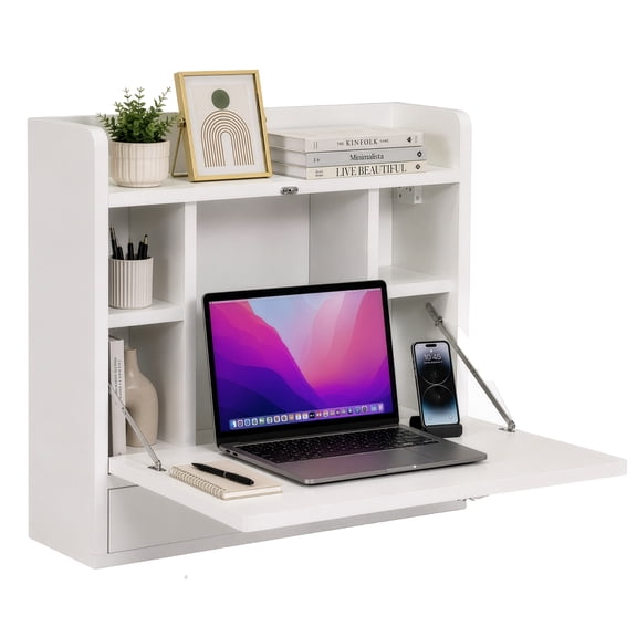 Basicwise Wall Mounted Folding Desk with Storage Shelves - Floating Table with Drawers, Space Saving for Small Spaces, 23.75 x 6.75 x 23 in, White for Home Office, Bedroom, Study, Dorm Room