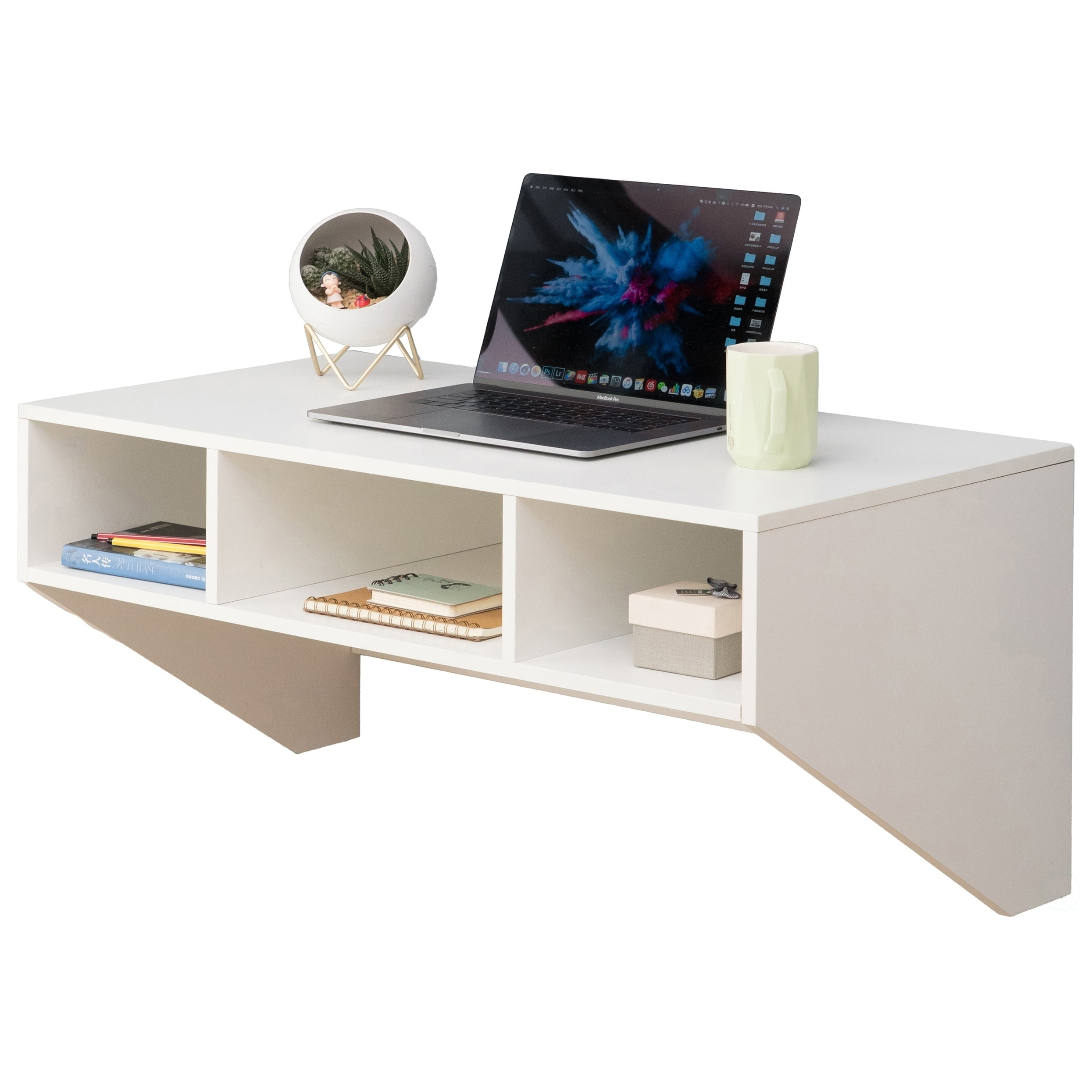 Sleek White Wall-Mounted Computer Desk with Storage Compartments