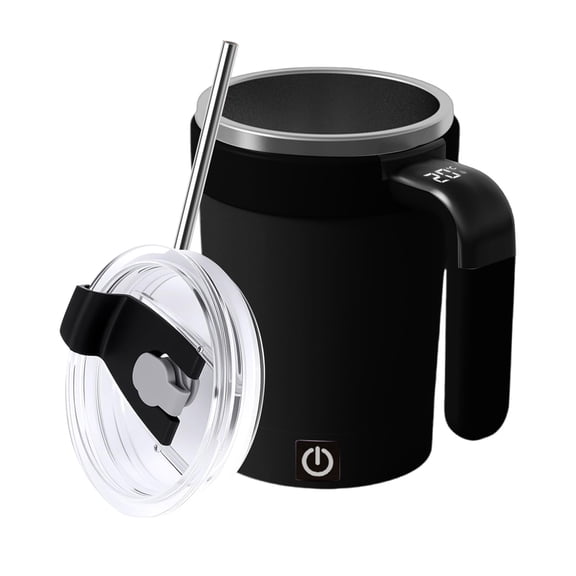 Basiess Automatic Stirring Coffee Mug with Temperature Display - Leak Proof Reusable Travel Cup for Coffee Tea Protein, 6X5X4In (Black)