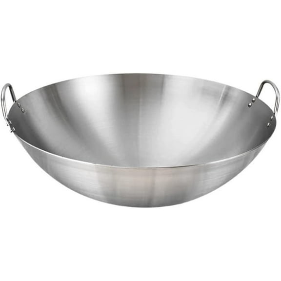 Basiess Non-Stick Pans, Polished Stainless Steel Wok - Round Bottom Dual-Handle Stir Fry Pan for Home Restaurant Cooking, Dishwasher Safe Asian Cuisine Pot (11 Inch) Grey