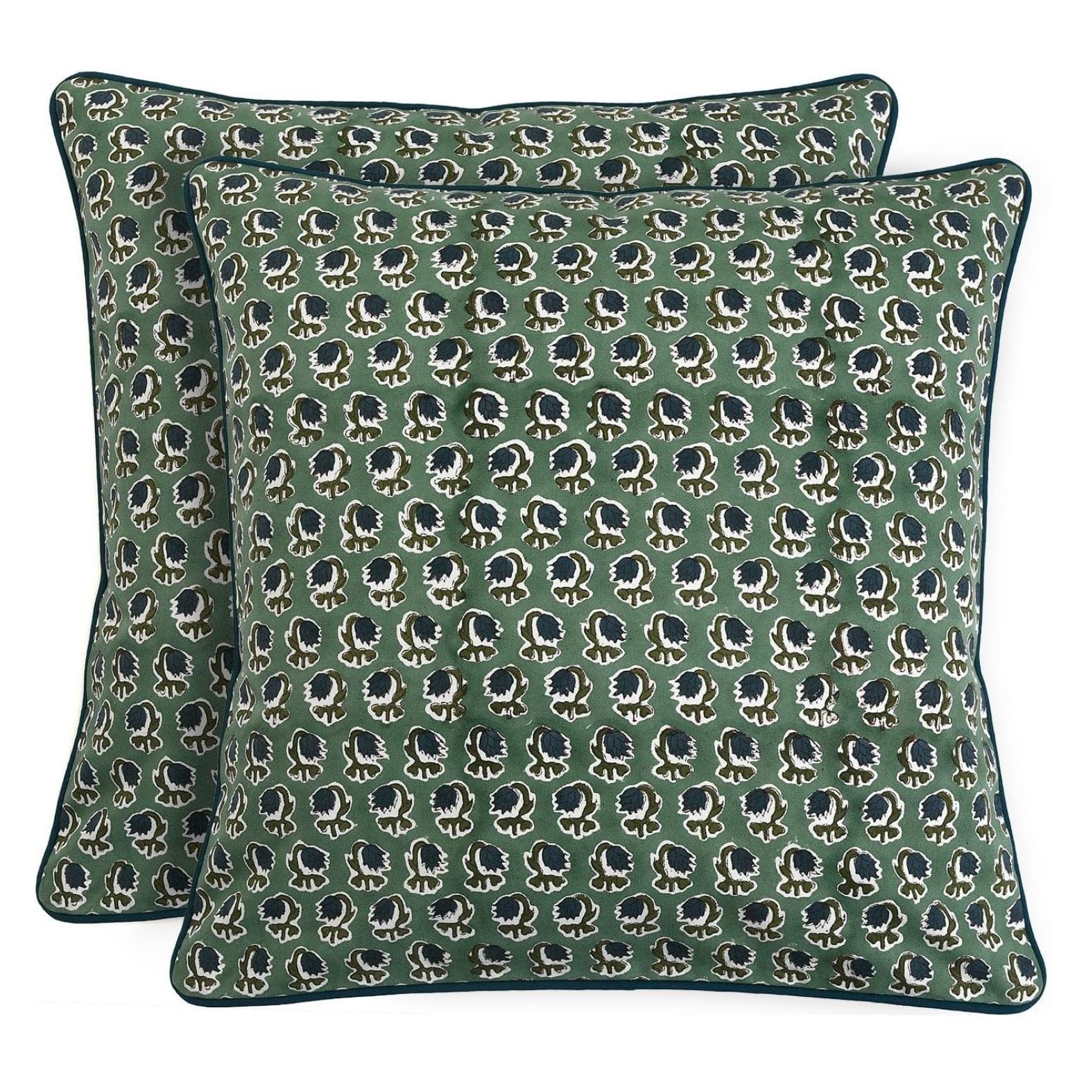 Basil Green Block Print Cotton Canvas Throw Pillow Covers for