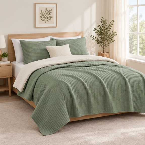 Basil Green Queen Size Quilt Bedding Set Lightweight All Season Bedspread