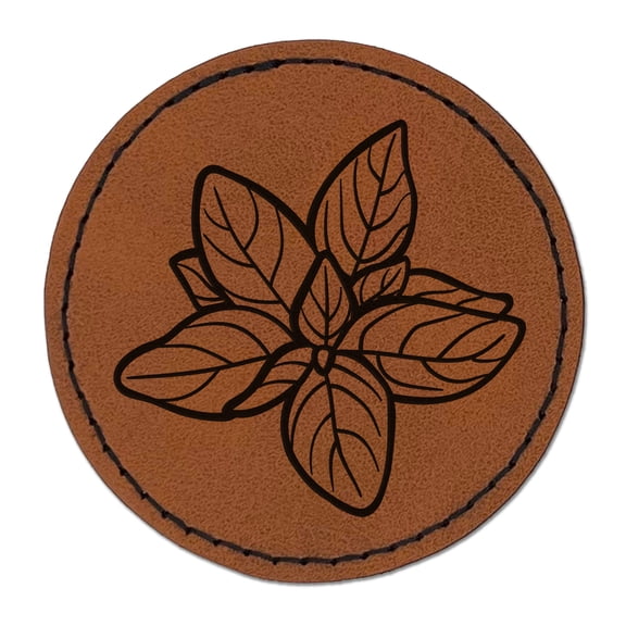 Basil Herb Plant 2.5" Faux Leather Round Engraved Iron-On Patch - Brown