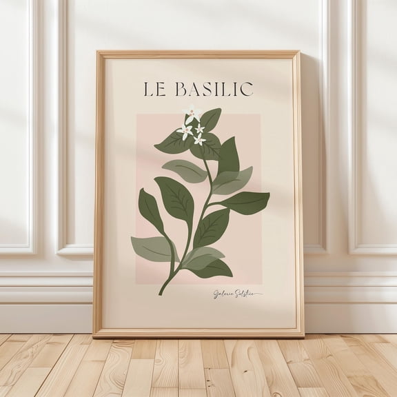 Basil Herb Poster Botanical Kitchen Wall Art Green Pink Decor, Unframed Canvas 16x20in