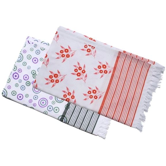 Basil House White Printed Plain Large Size Cotton Turkish Bath Towel 700 Gsm | Kerala Thorthu Towel Lighweight Thin Towels | Hair Wrap Towel For Women (Multicolor) - Pack Of 2