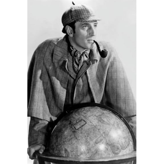 Basil Rathbone in Sherlock Holmes Faces Death posing by world globe in deer stalker and pipe 24x36 Poster