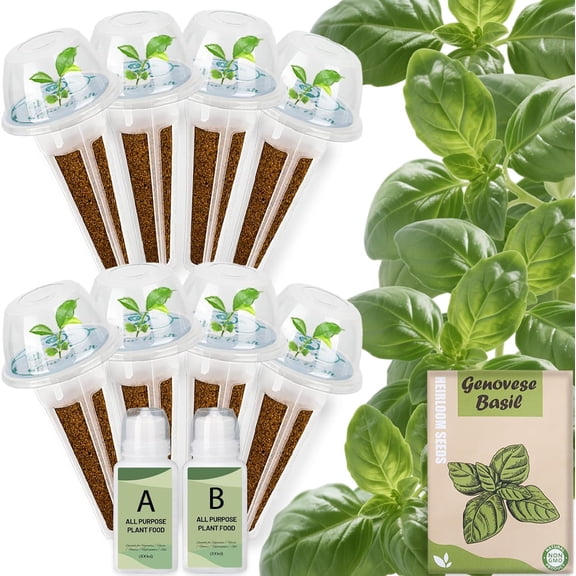 Basil Seed Pods Kit Hydroponic - Refill Herb Pod for All Indoor Garden, 8 Grow Pods with Seeds of Genovese Basil & Plant Food, Compatible with All Hydroponics Growing Systems