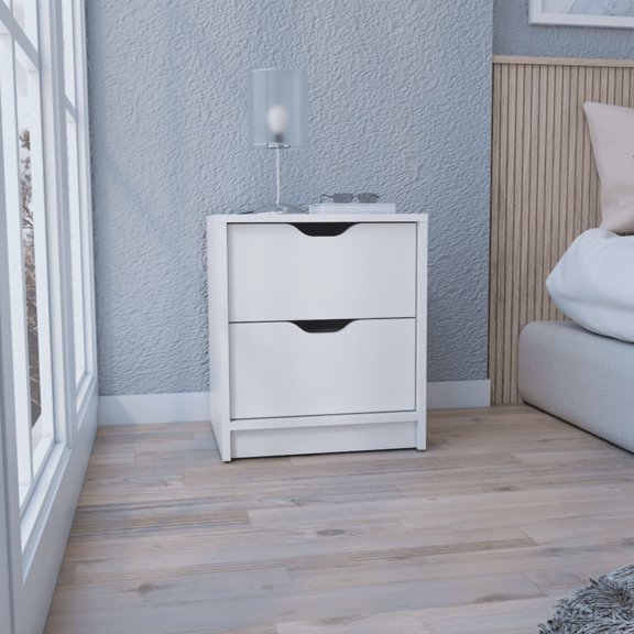 2 Drawers Nightstand, End Table, Side Table Pull Out System - White, Compact Space Saving Nightstand for Bedroom or Living Room