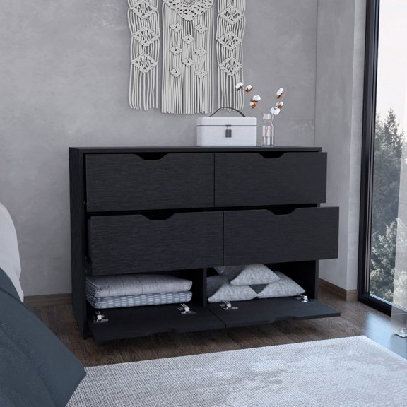 Basilea 4 Drawers Double Dresser with 2 pull down Cabinets Black