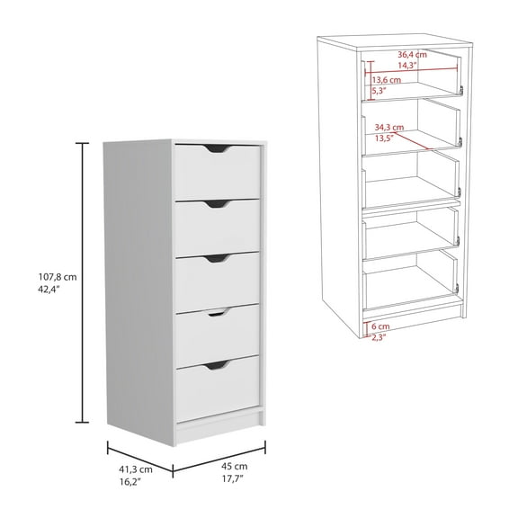 Basilea 5 Drawers Tall Dresser, Pull Out System -White
