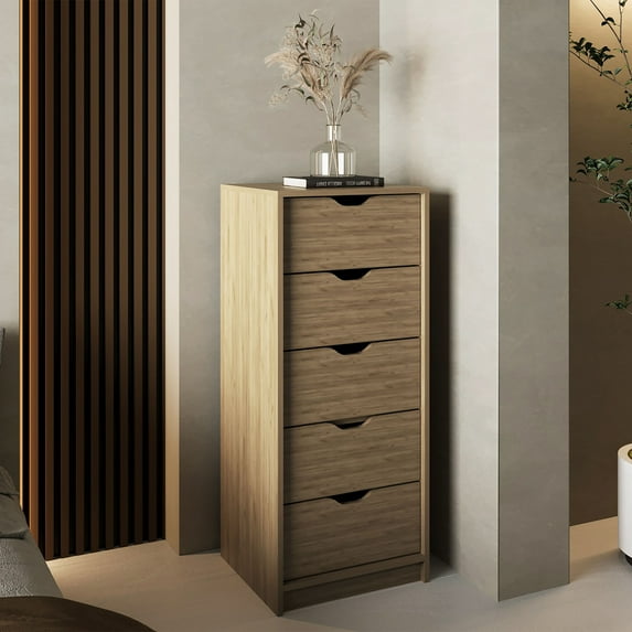 Basilea Tall Narrow Dresser, Pull Out System, Five Drawers, Natural Oak
