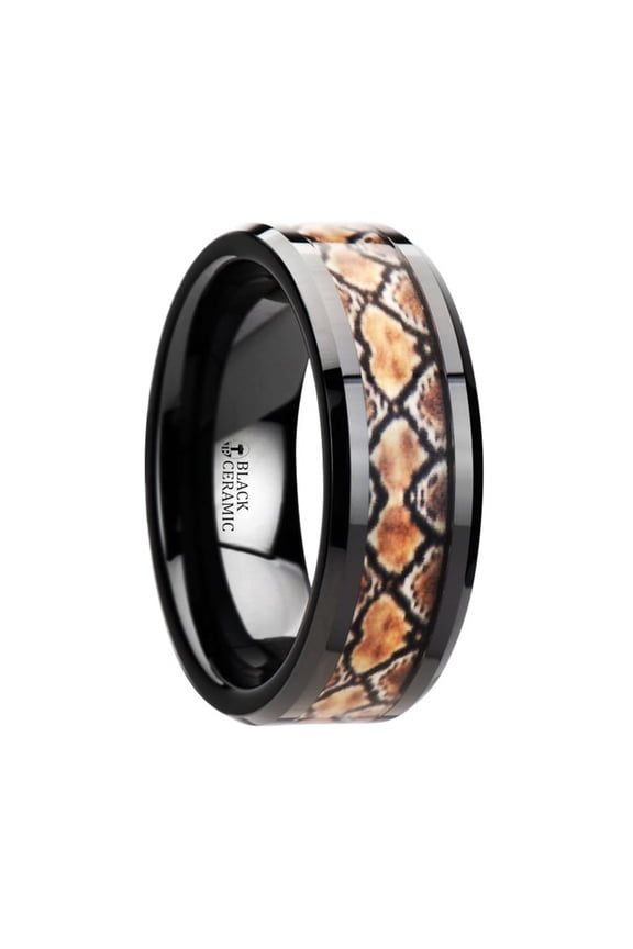 Basilisk Black Ceramic Wedding Ring With Boa Snake Skin Design Inlay