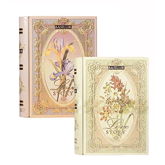 Basilur Tea Books 100% Pure Ceylon Loose Leaf Tea Mother's Day Love Story Collection Volume I & II Combo Pack Collectible Metal Caddy 100g